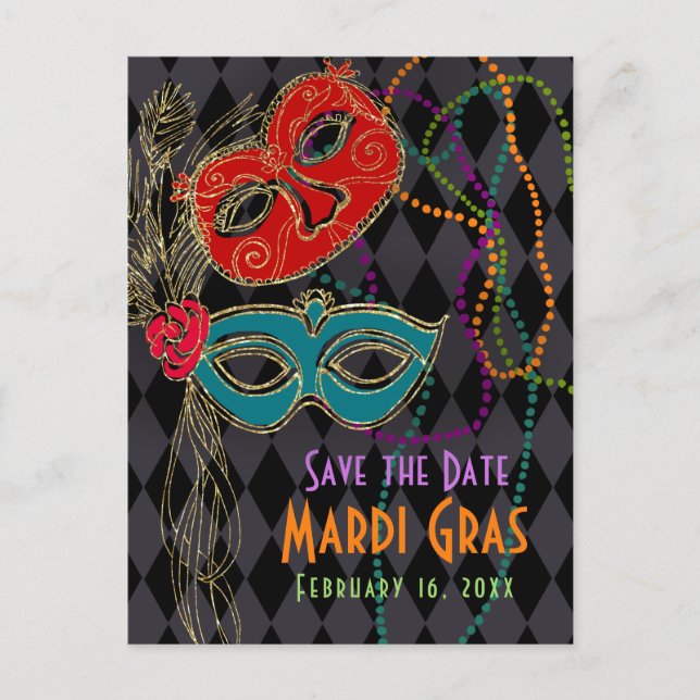 Mardi Gras Masquerade Masks Black Harlequin Invitation Postcard (Front)