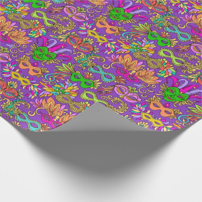 Mardi Gras Masquerade Masks Bright Purple Green Wrapping Paper (Corner)