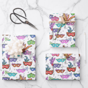 Mardi Gras Masquerade Masks Bright Watercolor Wrapping Paper Sheet
