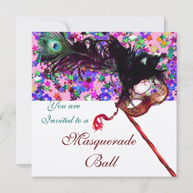 MARDI GRAS MASQUERADE MASKS,COLORFUL CONFETTI INVITATION (Front)