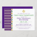 Mardi Gras | Masquerade Party Invitation<br><div class="desc">Get the party started with this colourful Mardi Gras / Carnival themed party invitation. The artwork is designed in festive shades of purple, green and gold and features modern typography along with design elements such as colourful beads, a harlequin pattern that spans the left side of the invitation, and a...</div>