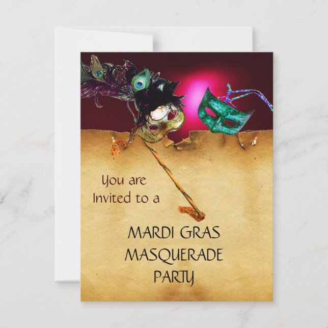 MARDI GRAS MASQUERADE PARTY, red burgundy Invitation (Front)