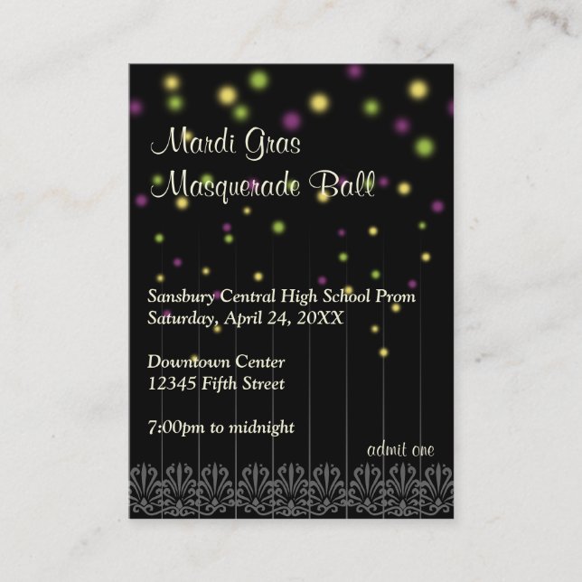 Mardi Gras masquerade prom bid admission ticket (Front)