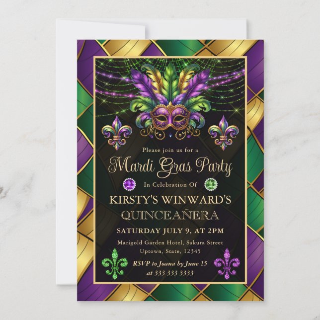 Mardi Gras Masquerade Quinceanera Invitation (Front)