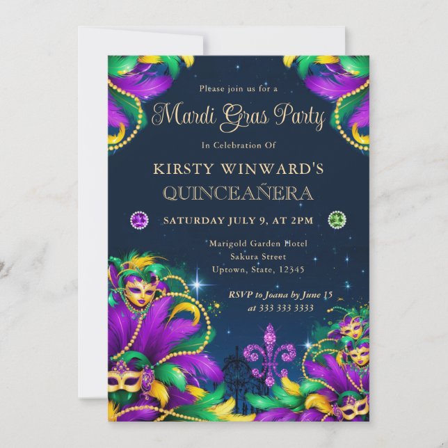 Mardi Gras Masquerade Quinceanera Invitation (Front)