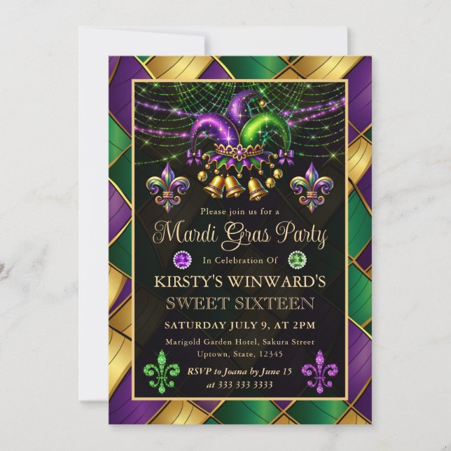 Mardi Gras Masquerade Sweet Sixteen Invitation (Front)