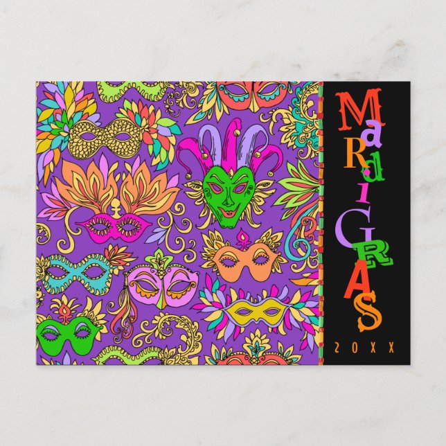 Mardi Gras Masqurade Masks Colourful Typography Postcard (Front)