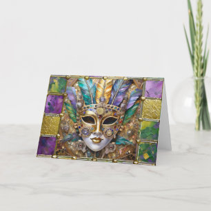 Mardi Gras Metal Ceramic Colourful Feather Mask Holiday Card