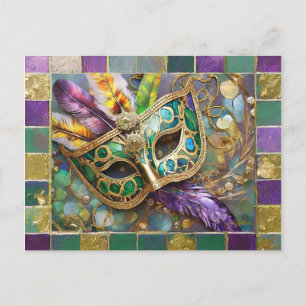 Mardi Gras Metal Ceramic Feather Mask Postcard