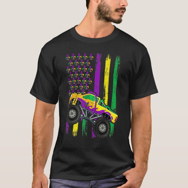 Mardi Gras Monster Truck Beads Flag Shirt, Kids Bo T-Shirt (Front)