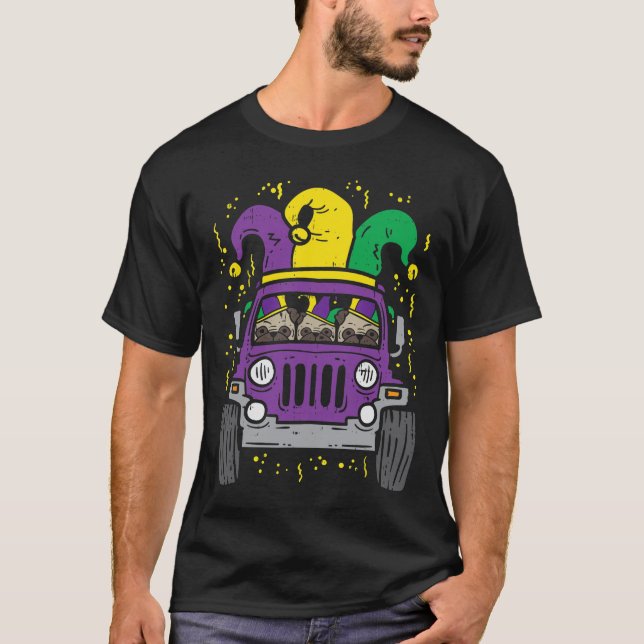 Mardi Gras Monster Truck Jester Pug Carnival Dog O T-Shirt (Front)