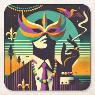 Mardi Gras Mr. Death The Smoking Man Square Paper Coaster