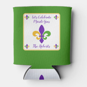 Mardi Gras NAME Green Gold Purple Fleur de Lis Can Cooler