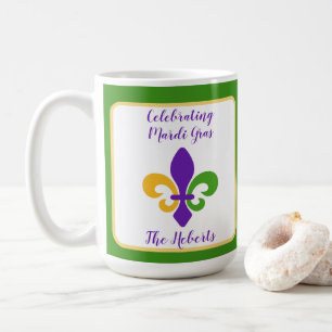 Mardi Gras NAME Green Gold Purple Fleur de Lis Coffee Mug