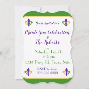 Mardi Gras NAME Green Gold Purple Fleur de Lis Invitation