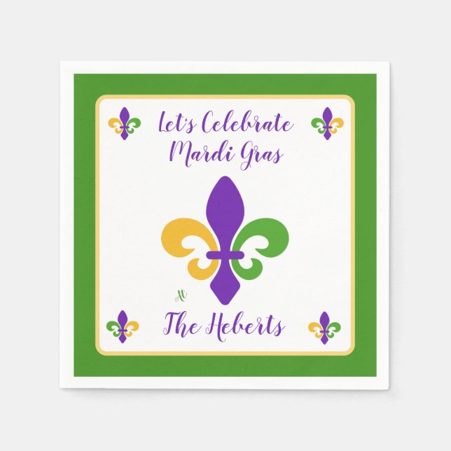Mardi Gras NAME Green Gold Purple Fleur de Lis Napkin (Front)