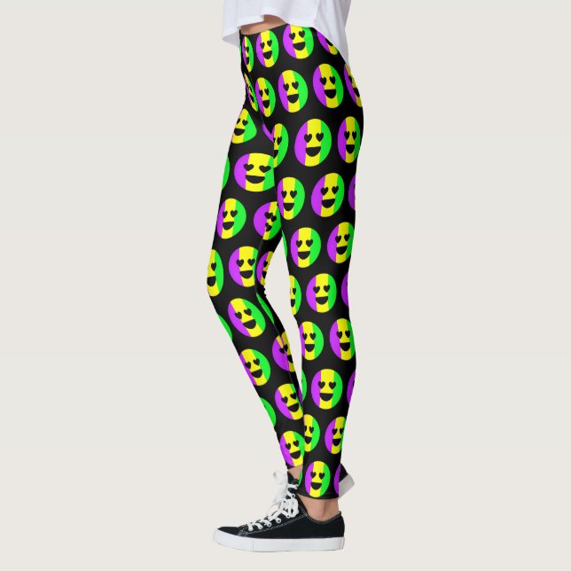 Mardi Gras New Orleans Cute Funny Smiling Emoji Leggings (Left)