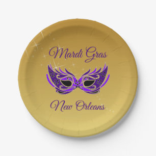 Mardi Gras New Orleans Mask on Gold Paper Plate