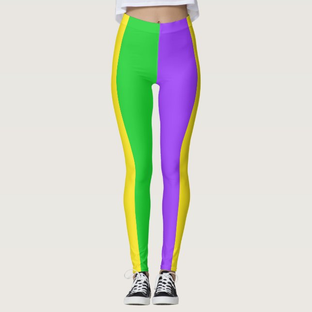 Mardi Gras New Orleans Purple Green Yellow Stripes Leggings (Front)