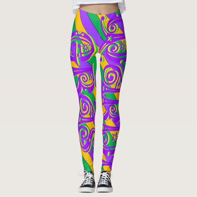 Mardi Gras New Orleans Purple Green Yellow Text Leggings (Front)