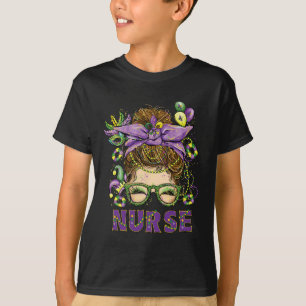 Mardi Gras Nurse Messy Bun Mask Beads Funny Mardi T-Shirt