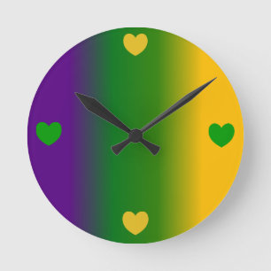 Mardi Gras Ombre with Hearts Round Clock