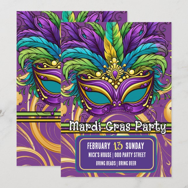 Mardi Gras Parade and Party Mask  Invitation (Front/Back)