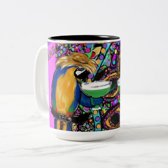 Mardi Gras Parrots Two-Tone Coffee Mug (Front Left)