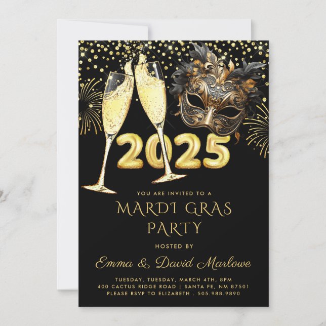 Mardi Gras Party 2025 Black Gold Glitter Invitation (Front)