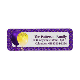 Mardi Gras Party Balloons and Argyle Pattern Label