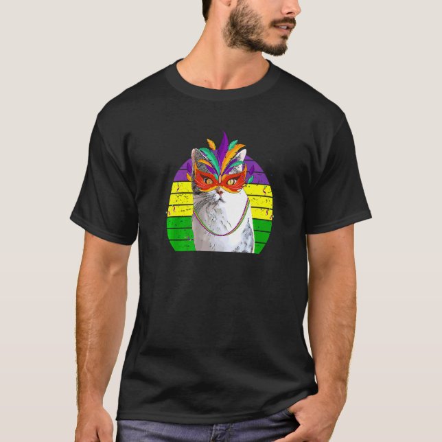 Mardi Gras Party Cat Mask Beads T-Shirt (Front)