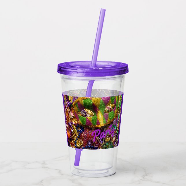 Mardi Gras Party Drink Glass Straw Custom Text (Back)