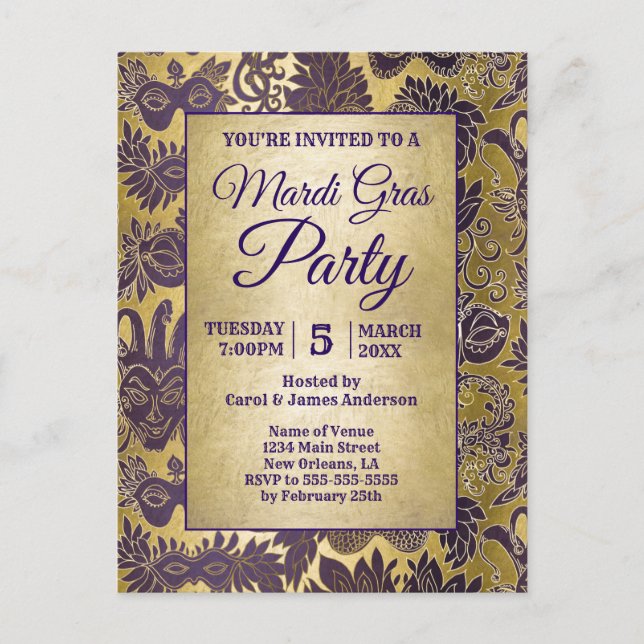 Mardi Gras Party Faux Gold Purple Mask Invitation Postcard (Front)