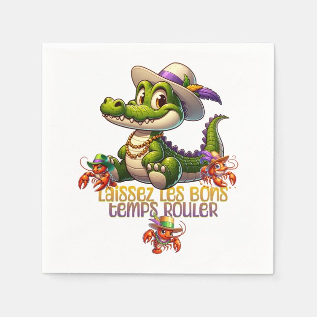 Mardi Gras Party Gator & Crawdads Napkin (Front)