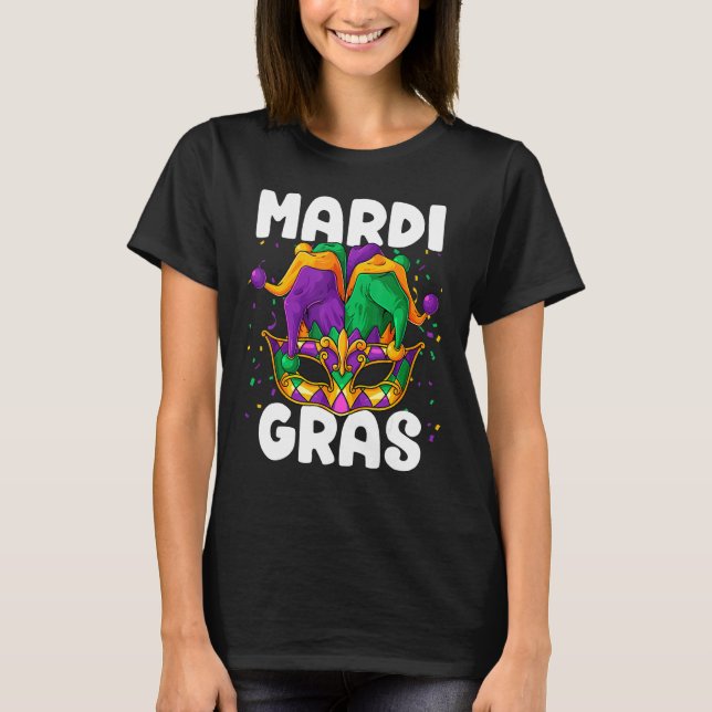 Mardi Gras Party Hat Jester Beads Mask Carnival Fe T-Shirt (Front)