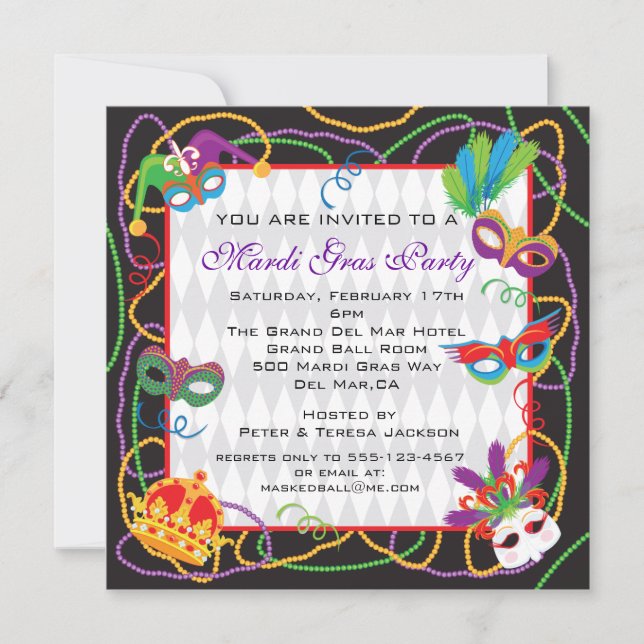 Mardi Gras  Party Invitation with Masks and Beads (Front)