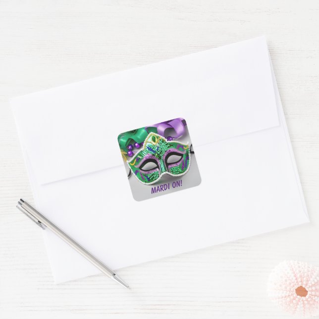 Mardi Gras Party Mask And Beads Square Sticker (Envelope)