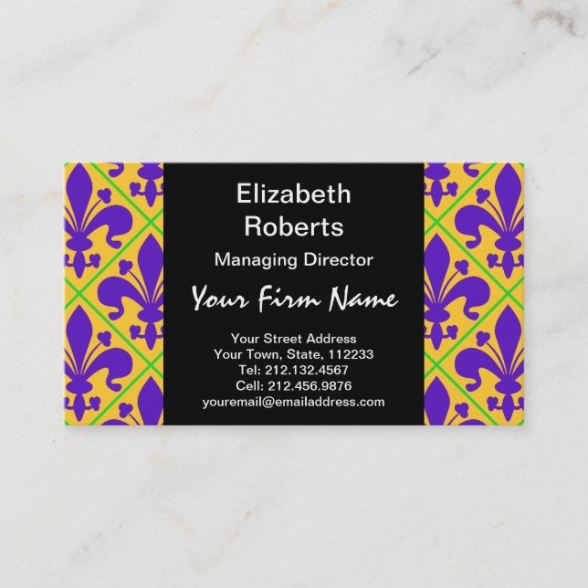 Mardi Gras Party New Orleans Fleur de Lis Business Card (Front)