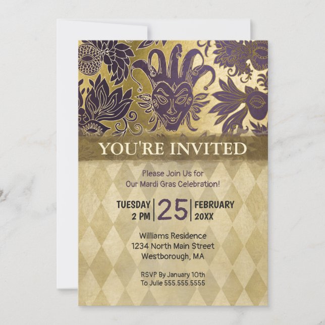 Mardi Gras Party Purple Faux Gold Mask Harlequin Invitation (Front)