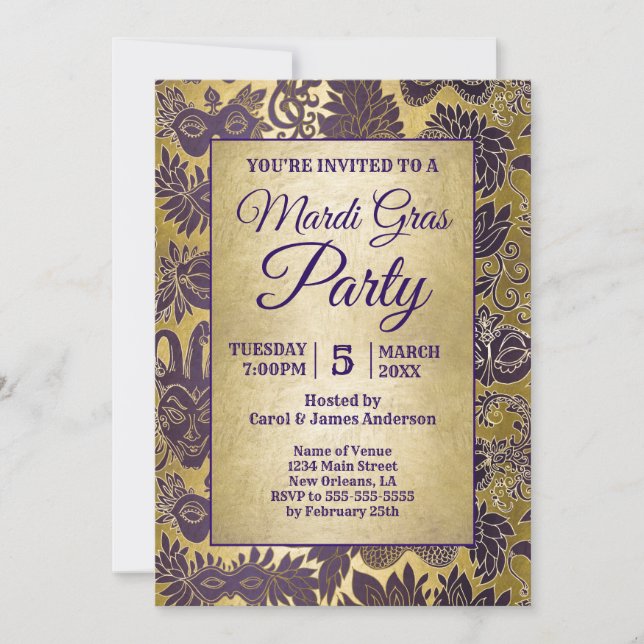 Mardi Gras Party Purple Faux Gold Mask Invitation (Front)