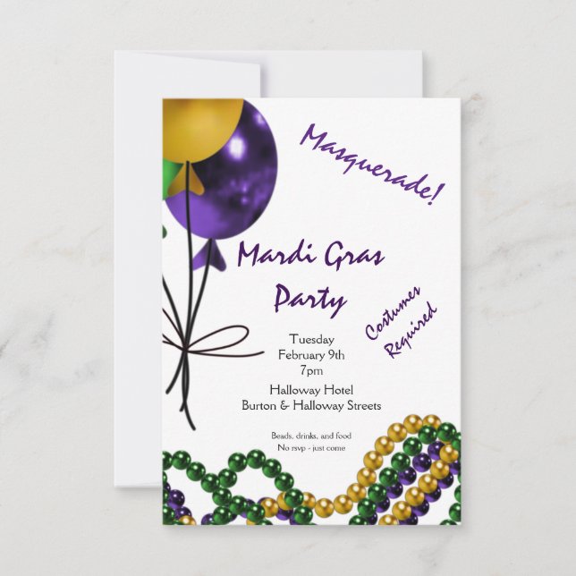 Mardi Gras Party Purple Gold and Green Invitation (Front)