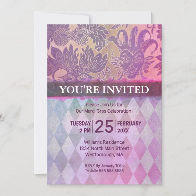 Mardi Gras Party Purple Gold Mask Silver Harlequin Invitation (Front)