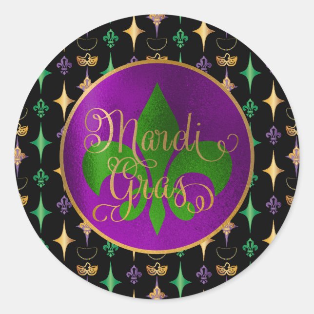 Mardi Gras Pattern with Beads on Black Classic Round Sticker (Front)