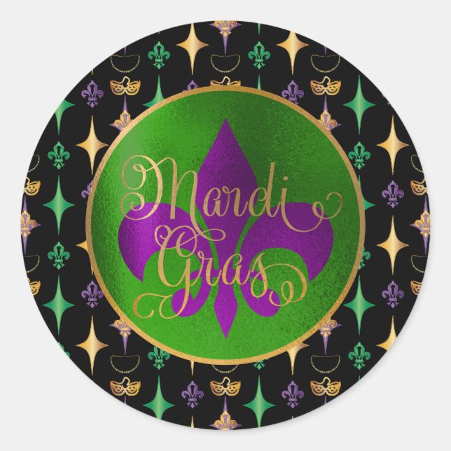 Mardi Gras Pattern with Beads on Black Classic Round Sticker (Front)