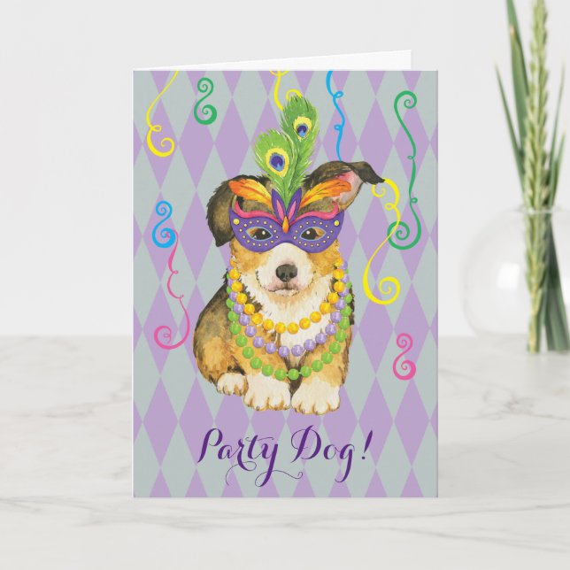 Mardi Gras Pembroke Welsh Corgi Card (Front)