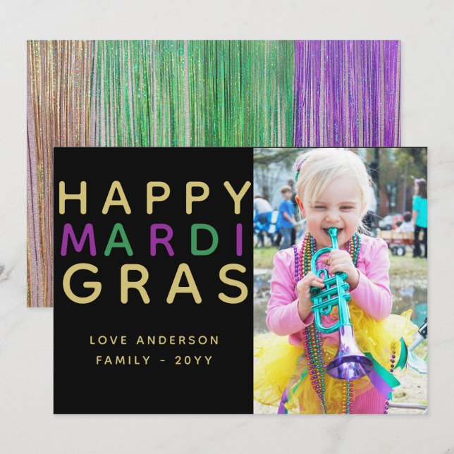 Mardi Gras Photo Card - Modern Purple Green Gold (Front/Back)