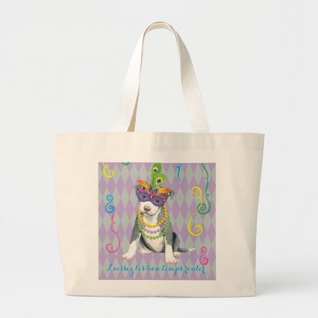 Mardi Gras Pit Bull Terrier Large Tote Bag (Front)