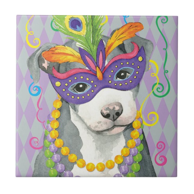 Mardi Gras Pit Bull Terrier Tile (Front)
