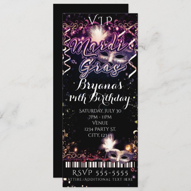 Mardi Gras Plum Gold VIP Birthday Party Ticket Invitation (Front/Back)