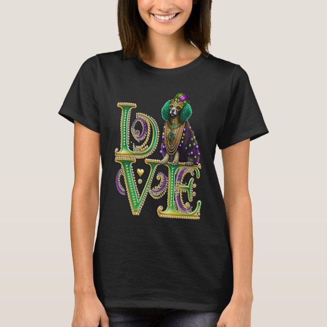 Mardi Gras Poodle Word LOVE Masquerade T-Shirt (Front)